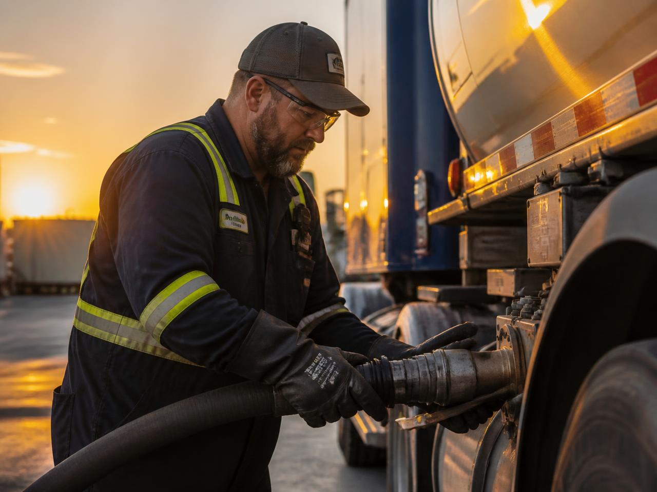 Driver connecting a fuel hose during a station delivery