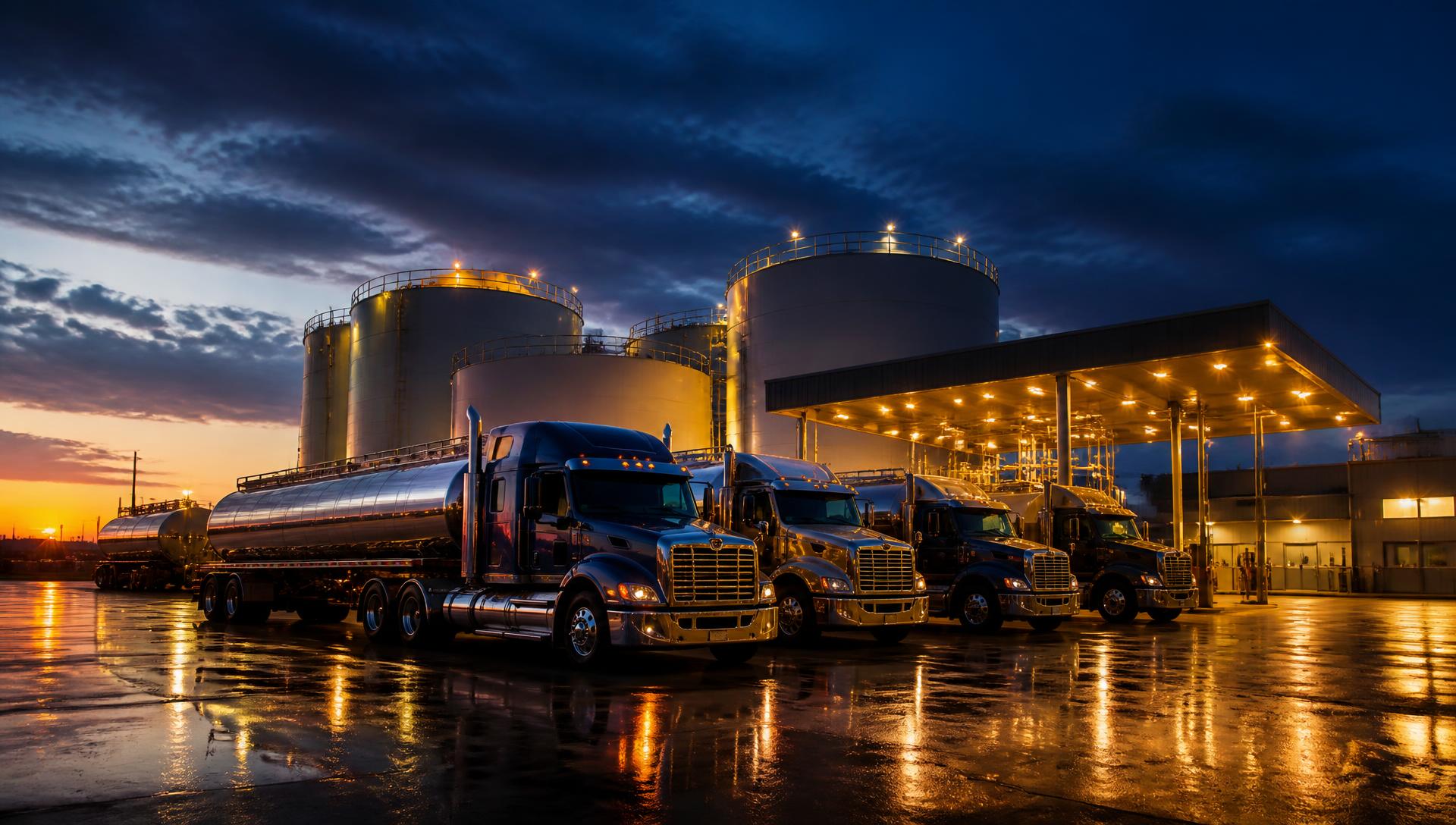 Fuel Supply Partners tanker fleet staged at a terminal at dusk